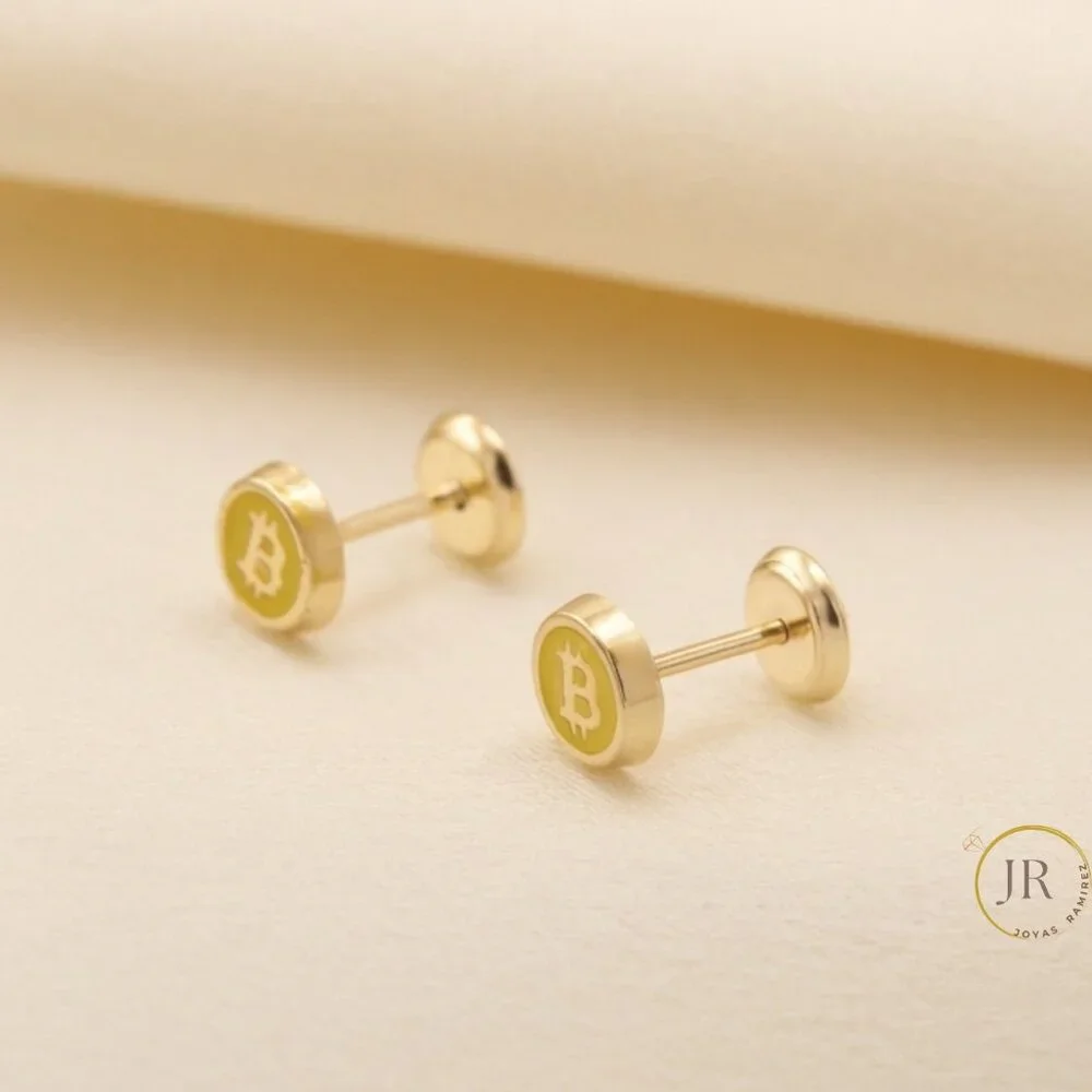 14K Solid Gold Bitcoin Logo Stud Earrings Crypto Luxury Fine Jewelry - Picture 4 of 7